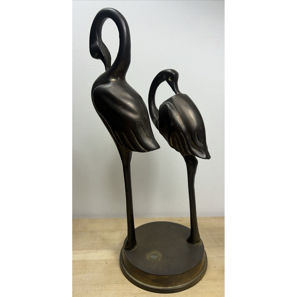 VINTAGE PAIR CHINESE BRASS STORKS CRANE‎ BIRDS STANDING ON BASE